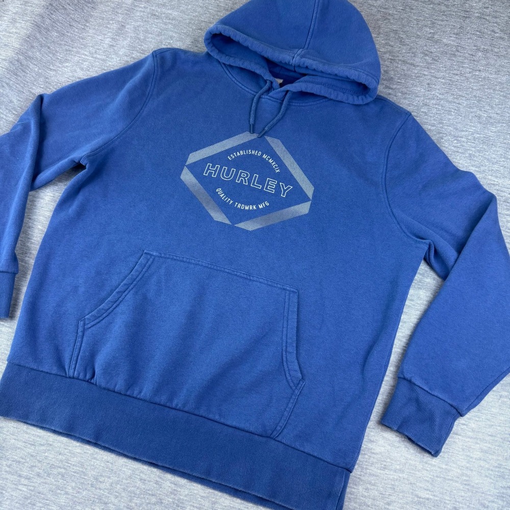 Hurley Y2K Hoodie Blue Pullover Quality Graphic Print Front Drawstring Mens LG